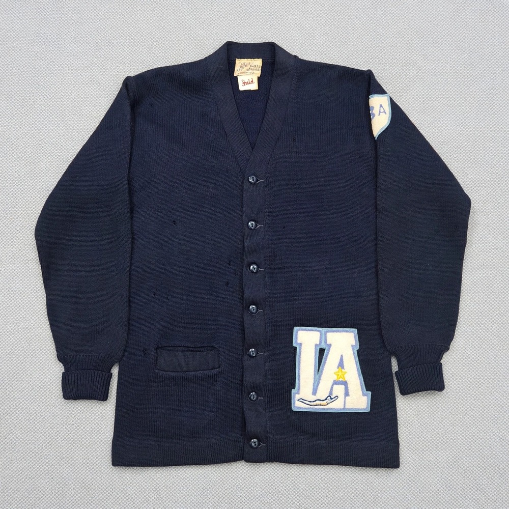 VTG Albion Knitting Mills LA Swim Letterman Cardigan Navy Mens S/M 40s Grandpa